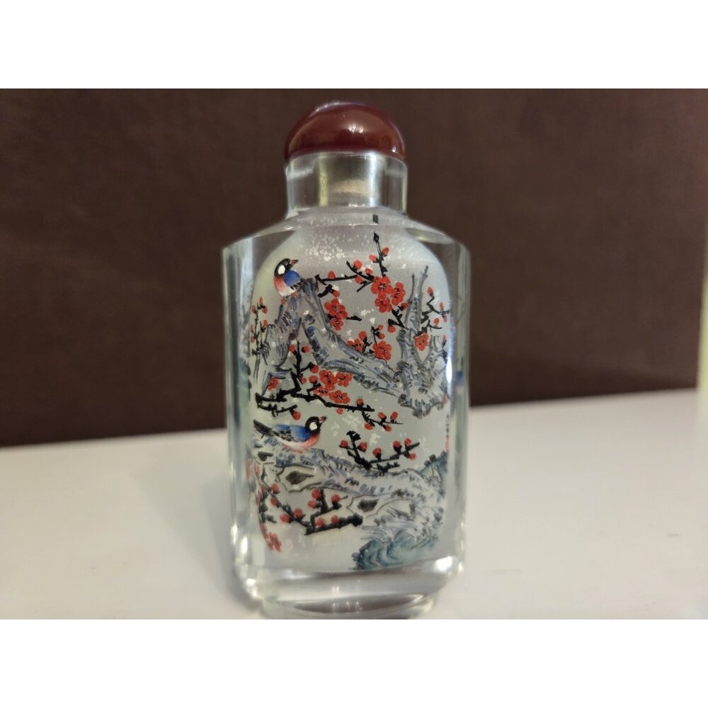 Vtg Chinese Reverse Painted Snuff Bottle Stopper Birds‎ Flowers Cherry Blossoms
